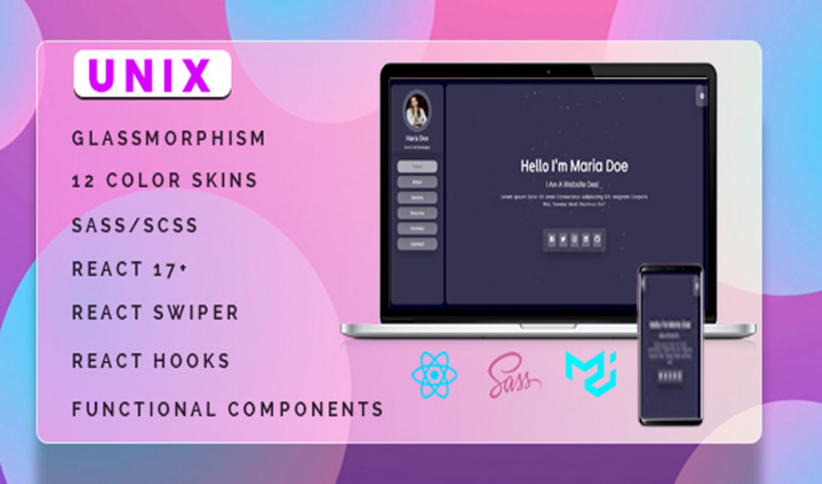Unix Glassmorphism React Personal Portfolio template React Hooks