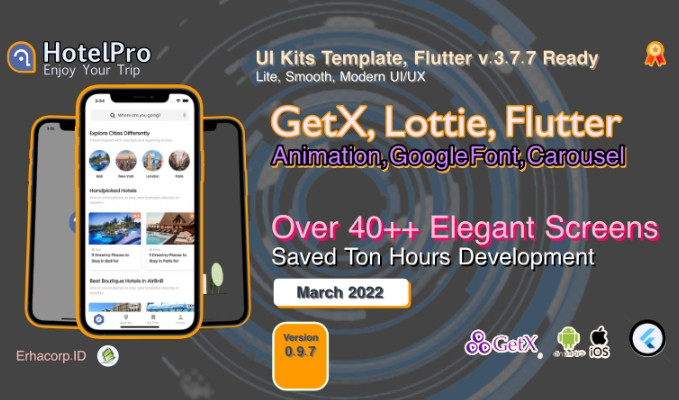 HotelPro UI Kits Template Flutter with GetX Dual Theme Lottie Animation