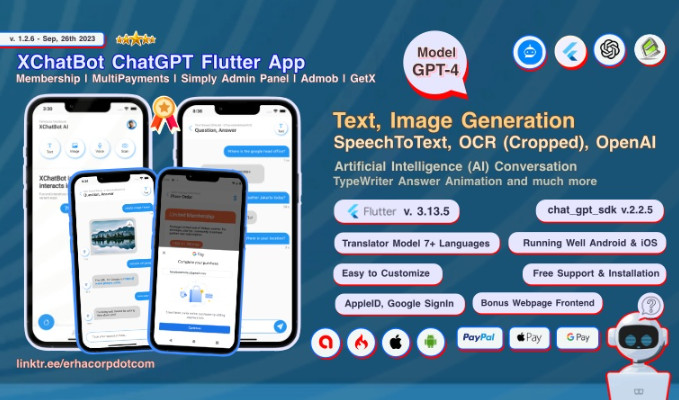 XChatBot ChatGPT GPT 4 OpenAI Full Flutter App with Multi Payments Admin Panel Admob GetX