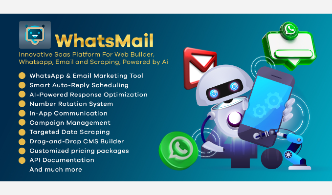 WhatsMail Saas Attractive tools for WhatsApp Email Scraping with Ai and Cms Builder